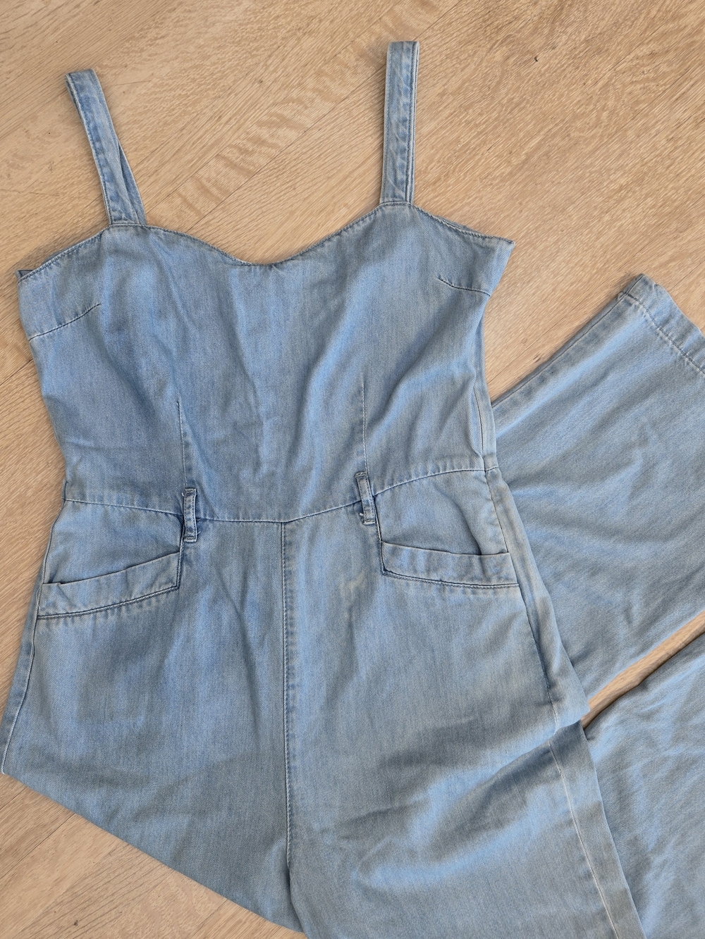 Paige Emma Denim Jumpsuit Light Wash Wide Leg Sweetheart Neckline